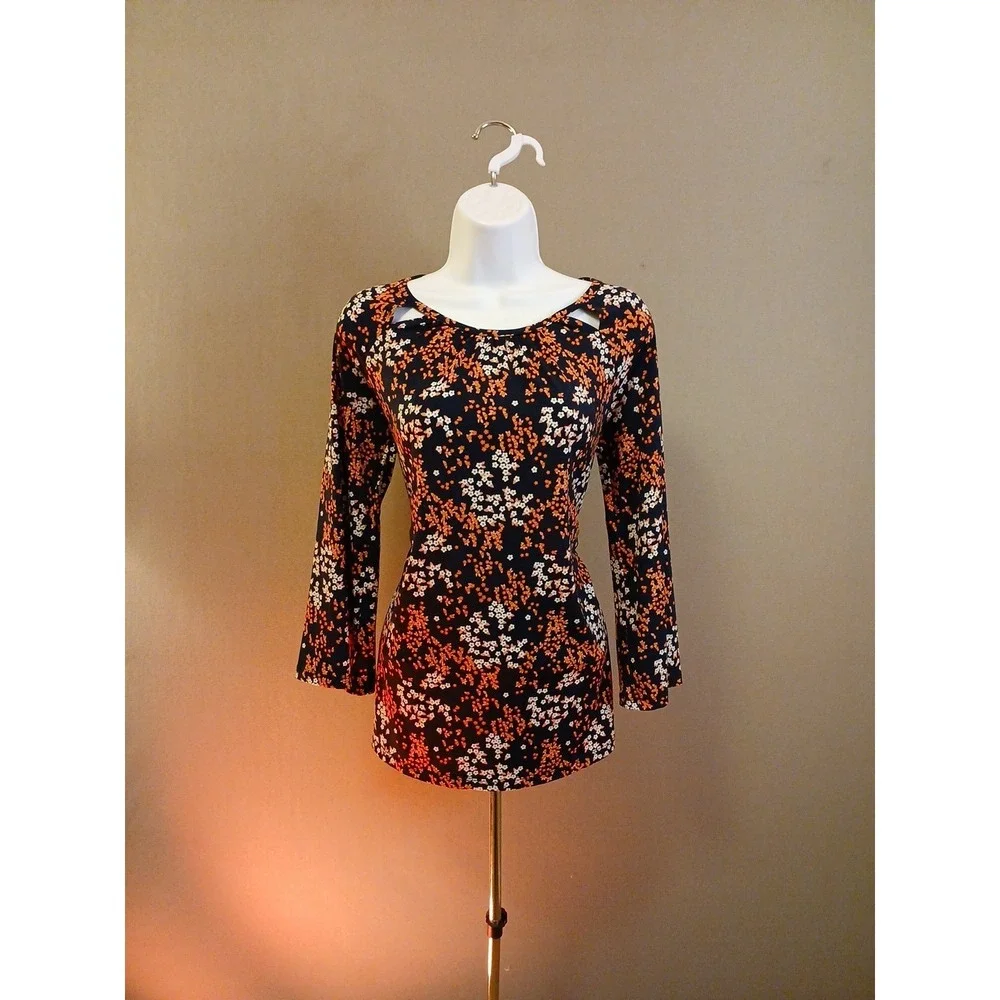 MICHAEL KORS Navy Floral Top Size Petite S Long‎ Sleeves with Ties Beautiful